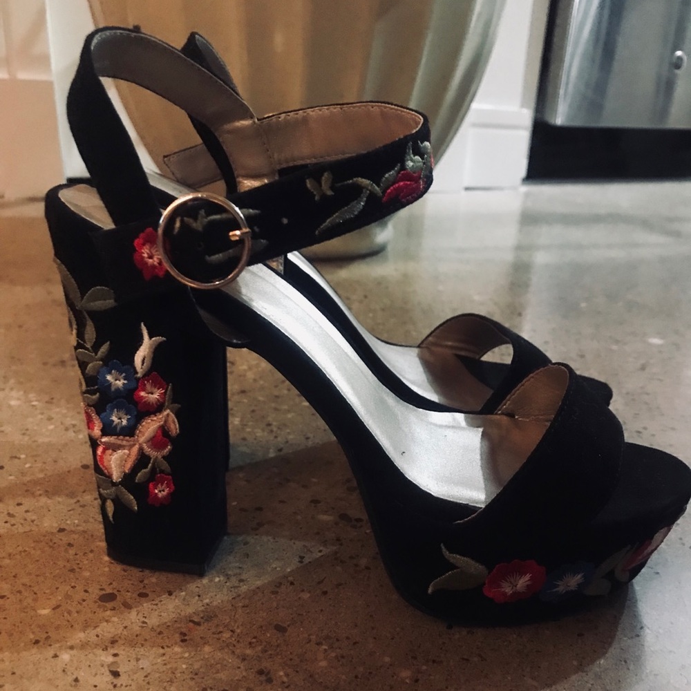 Embroidered Suede Heels